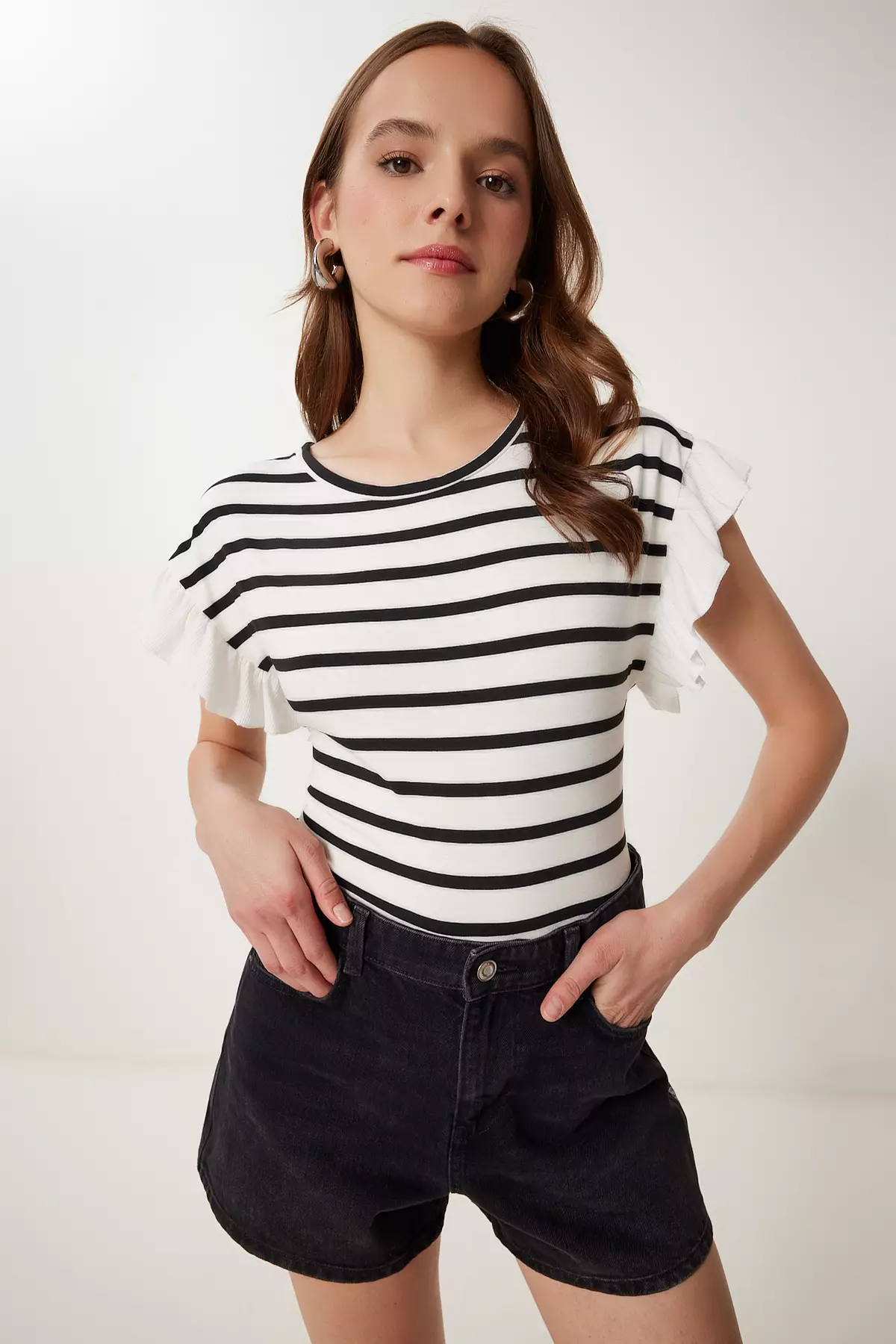Women's Bone Black Striped Flounced Cotton Knitted Blouse Tp00080