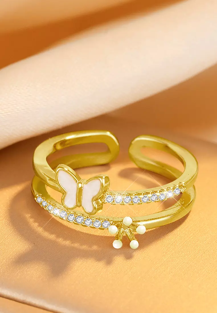 Cincin Wanita Titanium Korea Elegan Perhiasan Cewek Butterfly Flower Rings Original