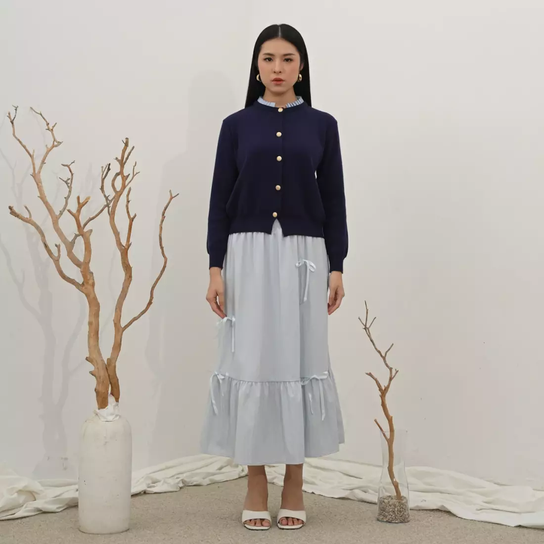 Adele Ruffle Trim Cardigan in Navy