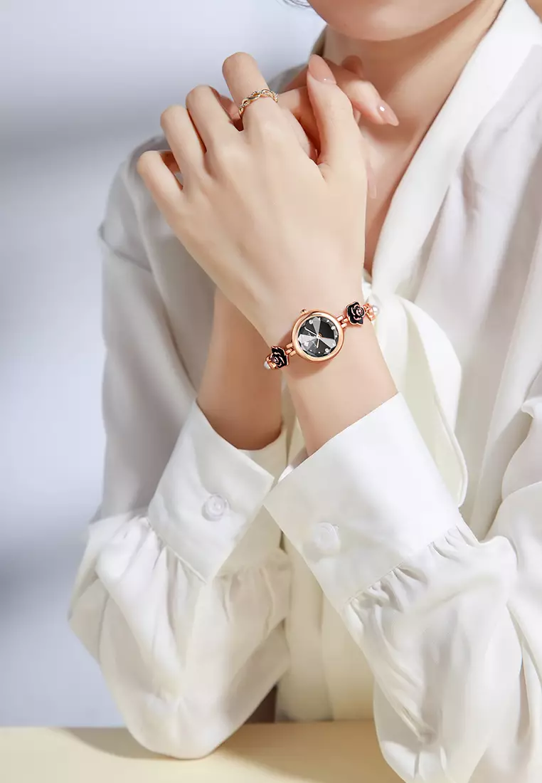 Jam Tangan Wanita Original Anti Air Tali Gelang Bunga-Bunga Korea Fashionn Jam Tangan Cewek black