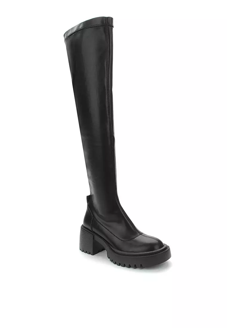 Black Pu Matte Fold Over Knee Block Heeled Boots