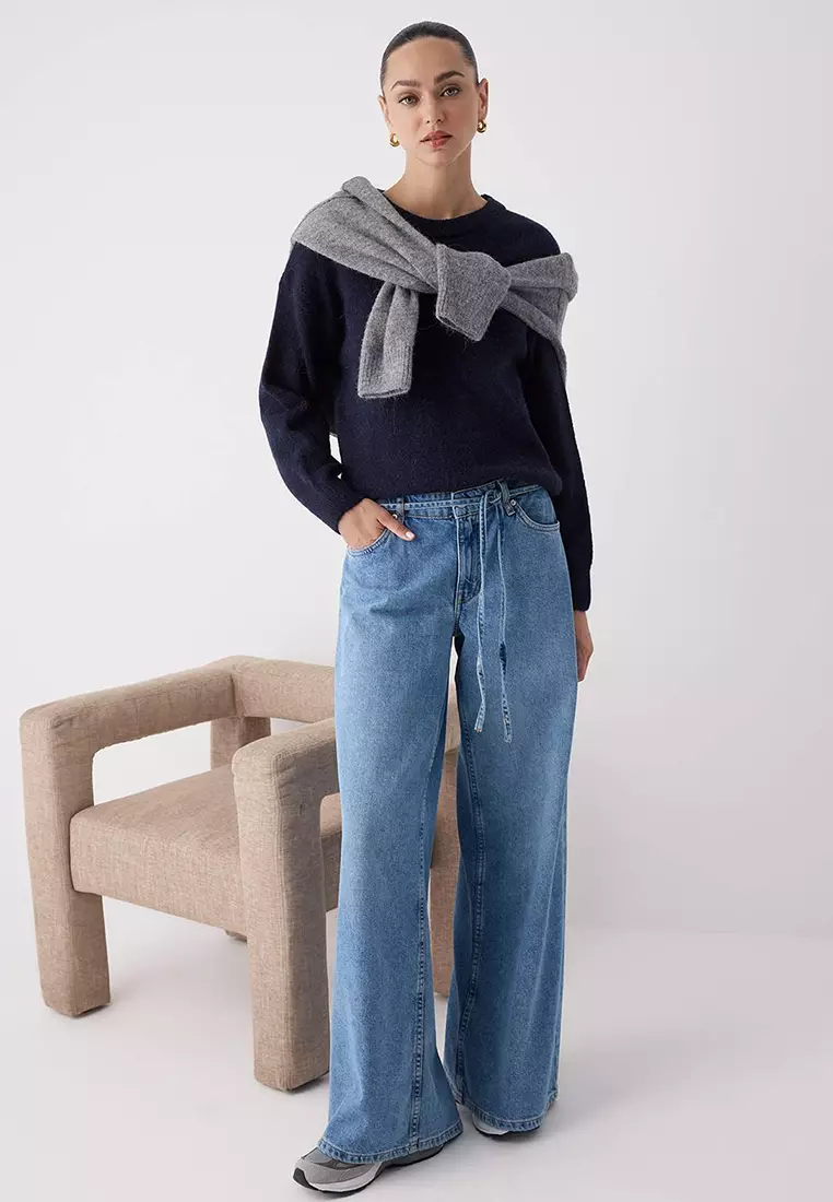 Navy Blue Alpaca Wool Blended Wide Fit Premium Yarn Knitwear Sweater
