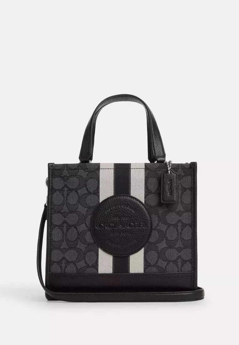 Coach Dempsey Tote 22 In Signature Jacquard With Stripe And Coach Patch Black Smoke Black Multi