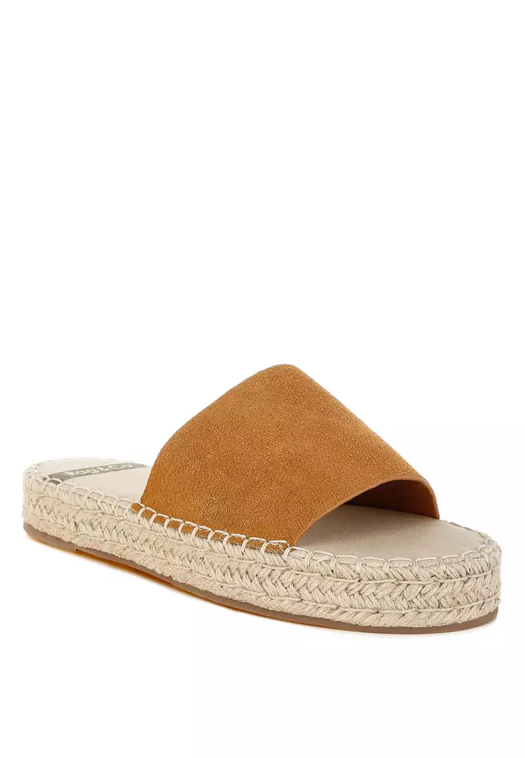 Sepatu Flat Espadrille Kulit Lembut Asli Warna Tan Muda
