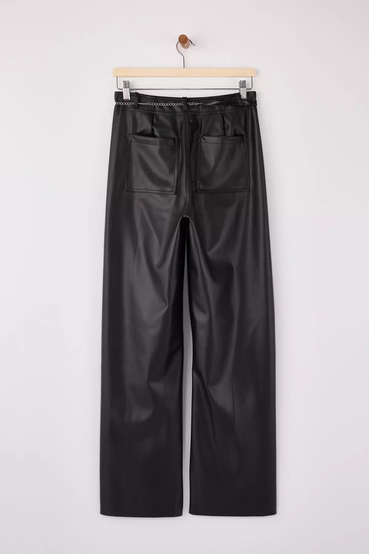 Black Faux Leather Chain Belt Detailed Straigt/Straight Cut Trousers Twoss26Pl27