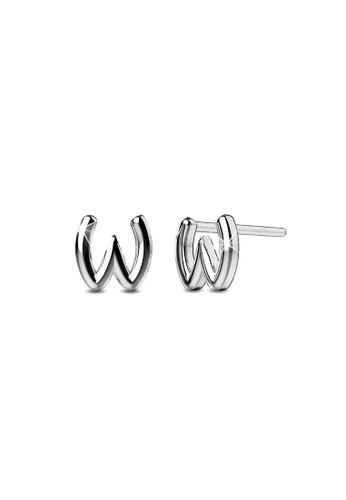 925 Signature 銀色 925 SIGNATURE Solid 925 Sterling Silver Initial Alphabet Personalised Stud Earrings- W D2E9AAC7F9027BGS_1