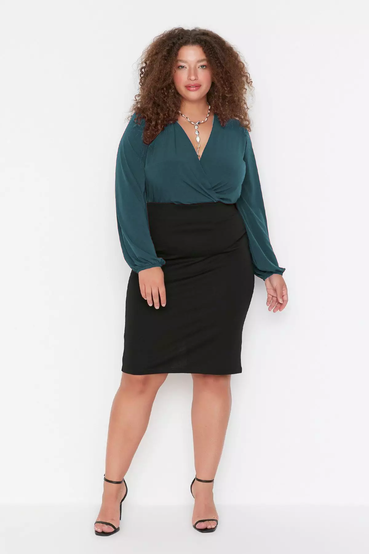 Green Balloon Sleeve Double Breasted Neckline Knitted Crop Blouse Tbbaw23Af00029