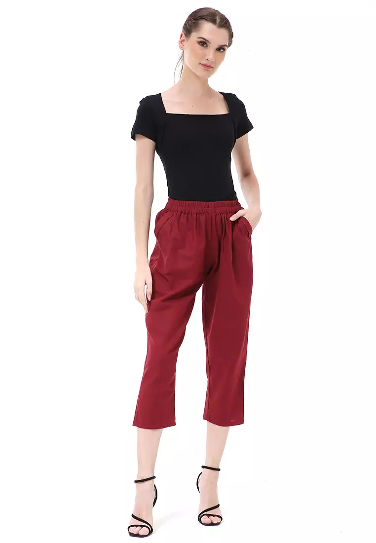 Stella Long Pants Celana Kulot Wanita Korean Style Material Linen ORIGINAL - Maroon