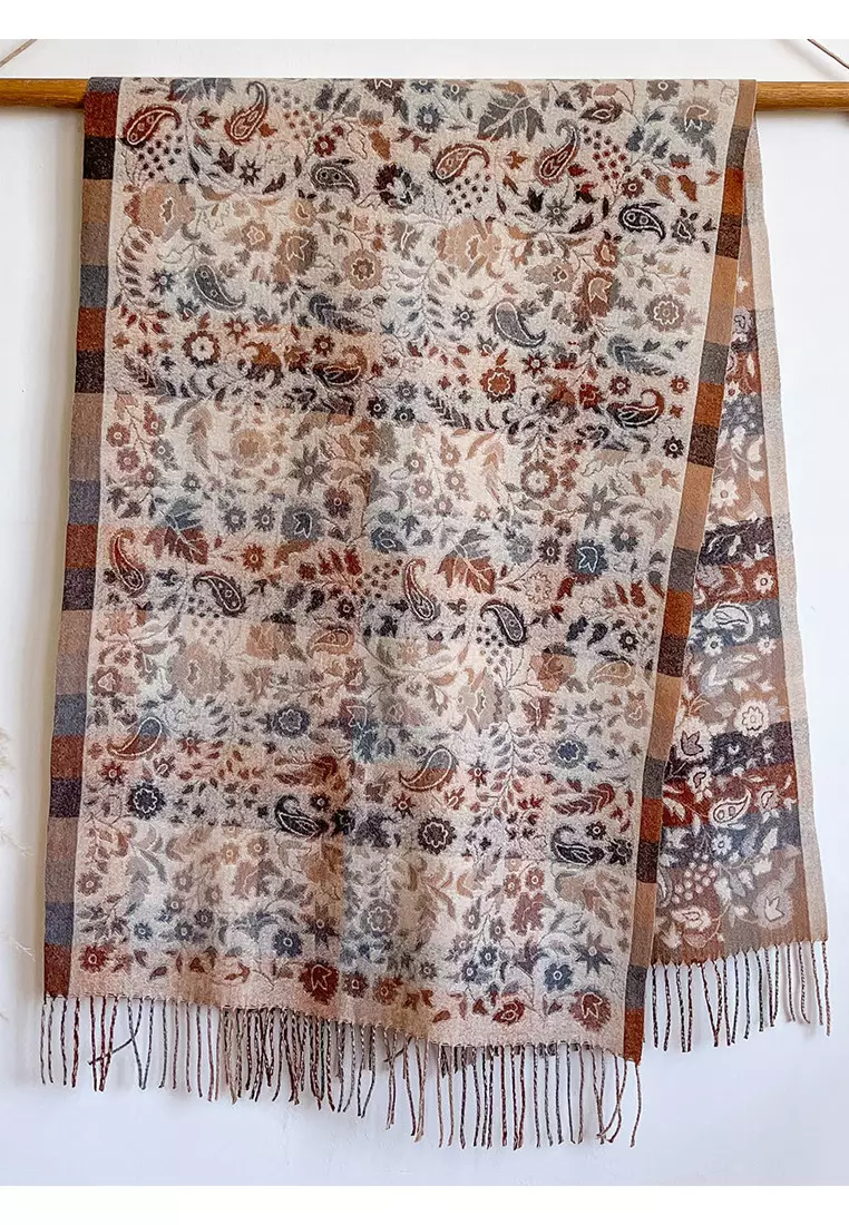 Syal Wanita Tebal Kasmir Reversible Paisley Pattern Cashmere Pashmina Shawl Ivory Bloom