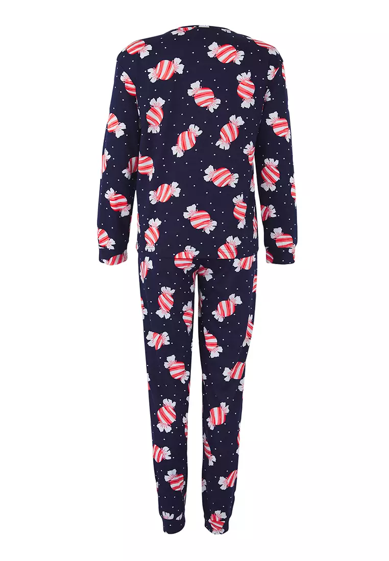 Teen Navy Blue 100% Cotton Fun Candy Printed Knitted Pajama Set Thmaw26Pt00018
