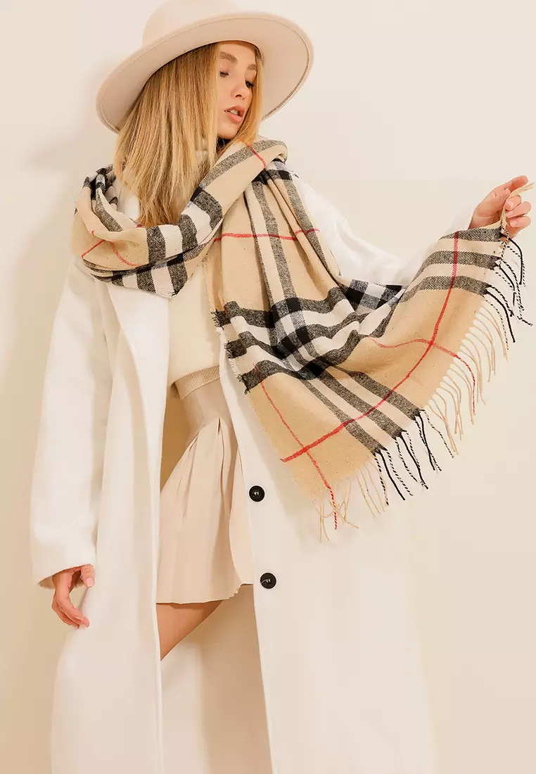 Women's Beige Checked Shawl Alc-X11152
