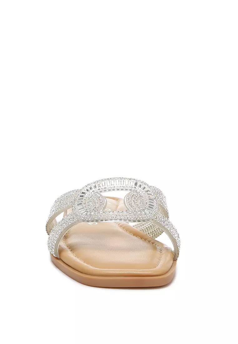 Rhinestones Embellished Flat Sandals in Silver