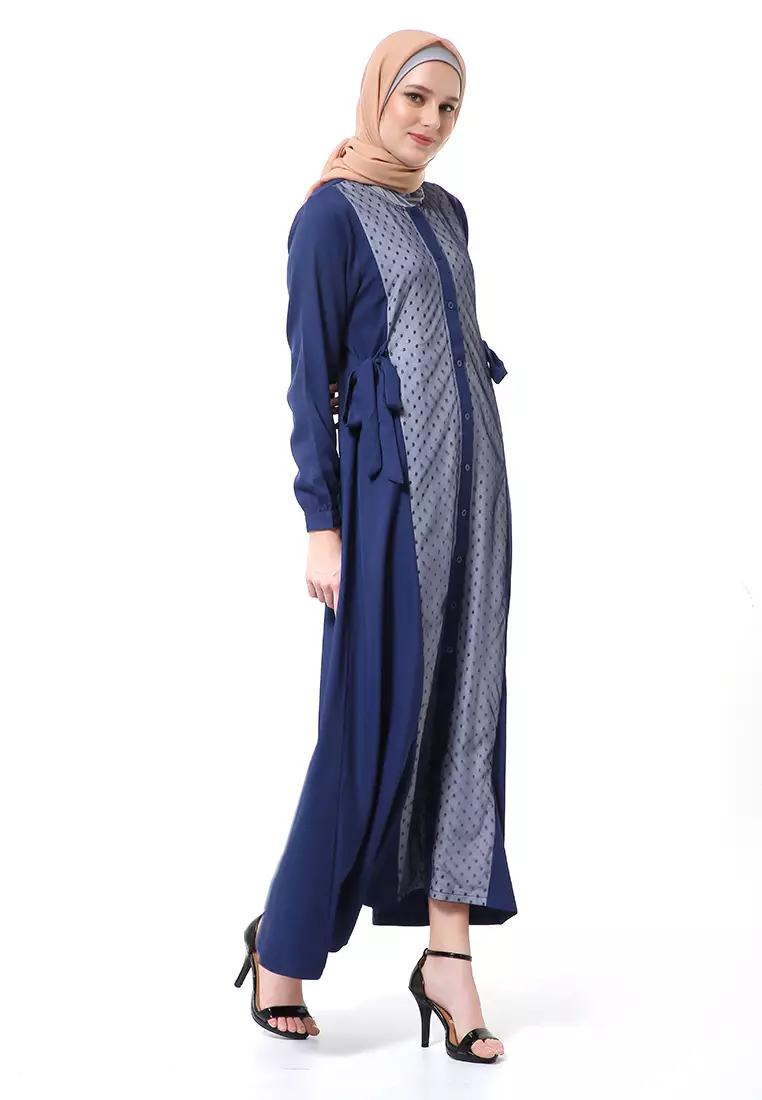 Dilla Long Dress Muslimah Lengan Panjang Relaxed Fit High Quality Premium - Navy Mix Grey