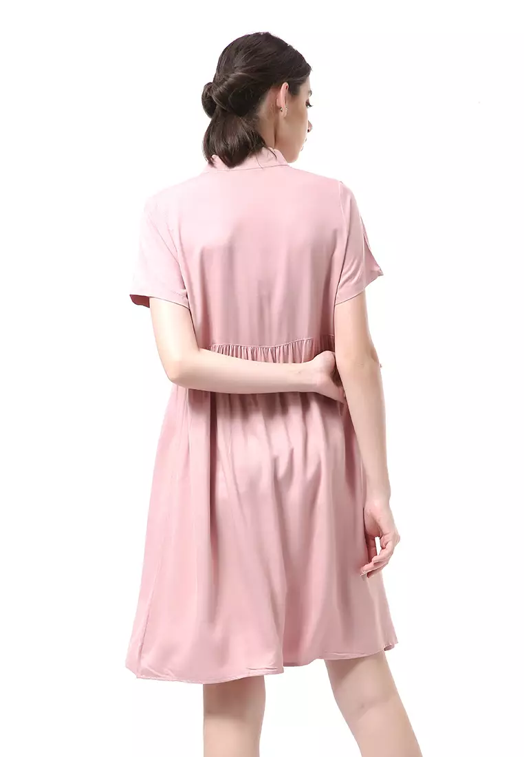 Rachel Dress Wanita Lengan Pendek Full Kancing Stylish Material Cotton ORIGINAL - Dusty Pink