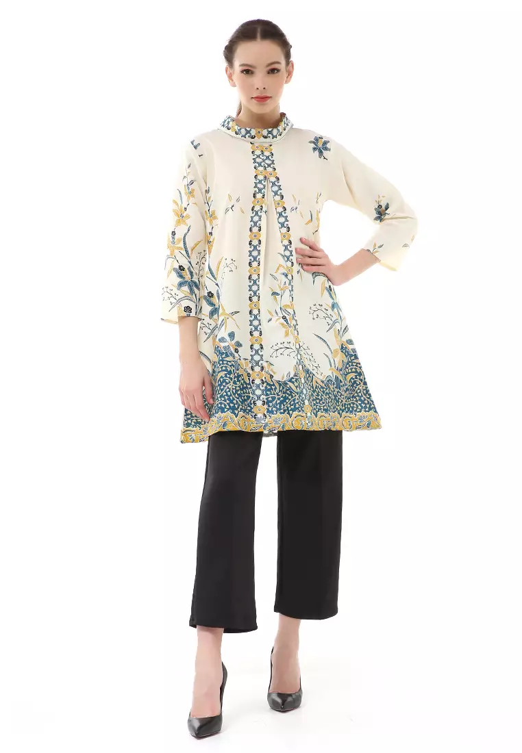 Olaf Atasan Batik Wanita Tunik Traditional Motive Elegant Design Material Cotton ORIGINAL - White Blue Green