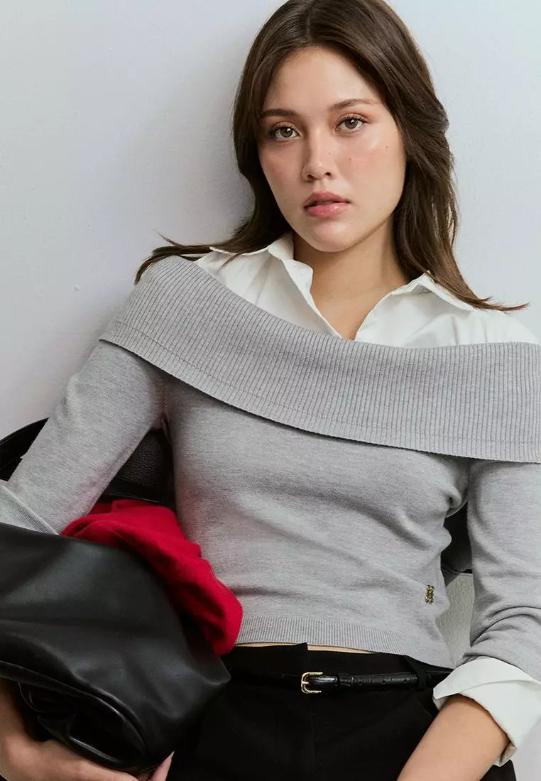 Off-the-Shoulder Layered Knit Sweater with Collared Shirt Insert Detail - Light Grey