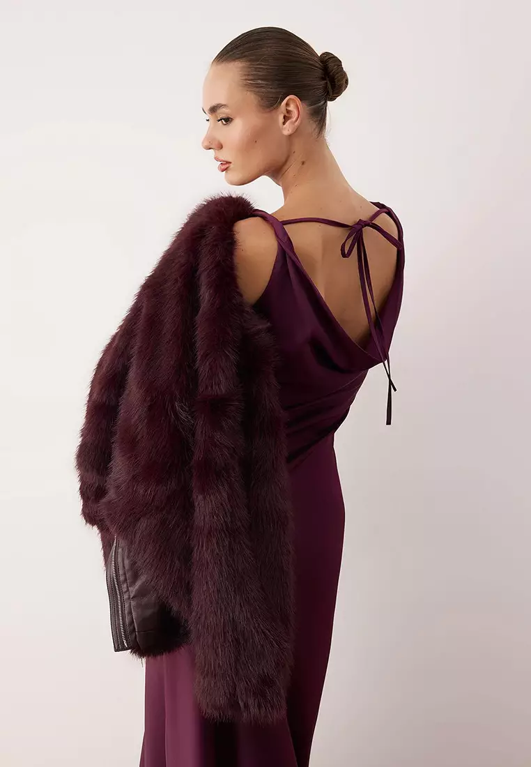 Purple A-Line Degaje Collar Satin Maxi Stylish Dress Tprss25El318