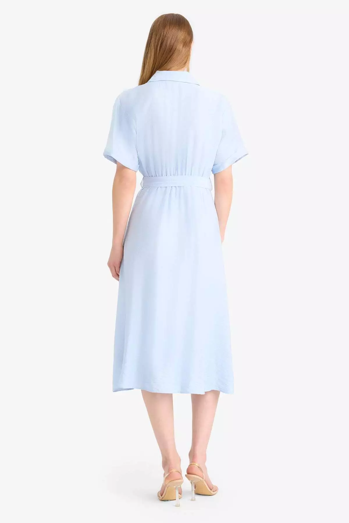 Shirt Collar Belted Short Sleeve Red Midi Summer Dress F2113Ax25Sm