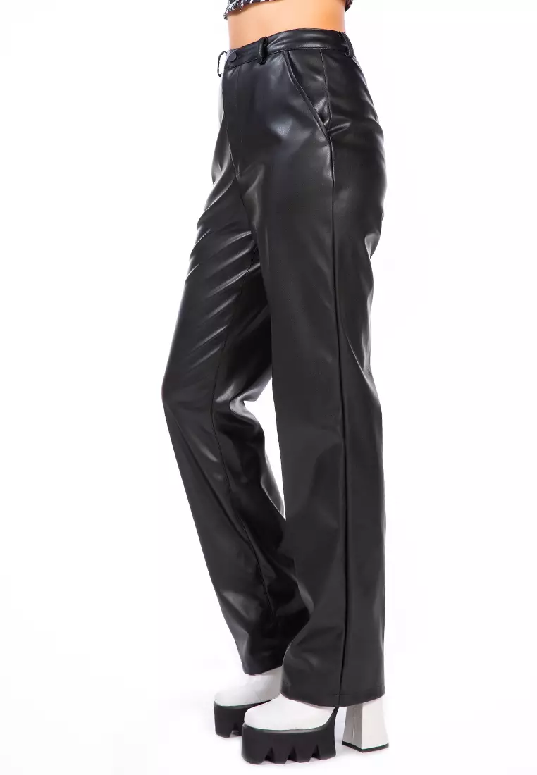 Black Faux Leather High Waist Straight Trousers