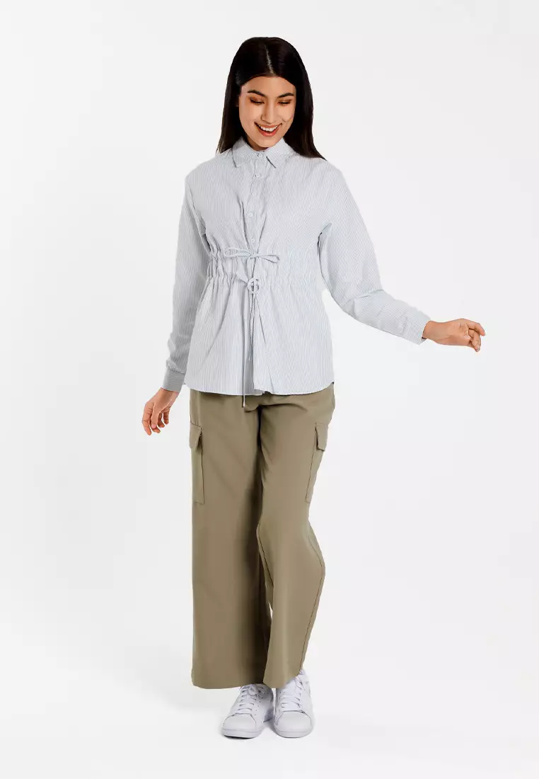 Forest Ladies Poly Cotton Striped Ribbon Shirt Women Long Sleeve Shirt | Baju Kemeja Perempuan - 822509