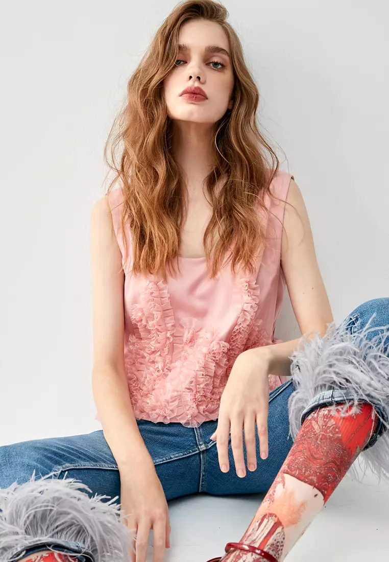 Pink Vest With Front Pleated Ruffle Detail