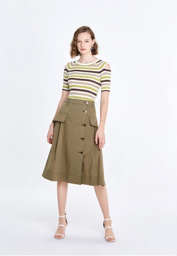 Hopeshow green Button  Fly Contrast Stitch Midi Skirt 727E5AACED4763GS_1