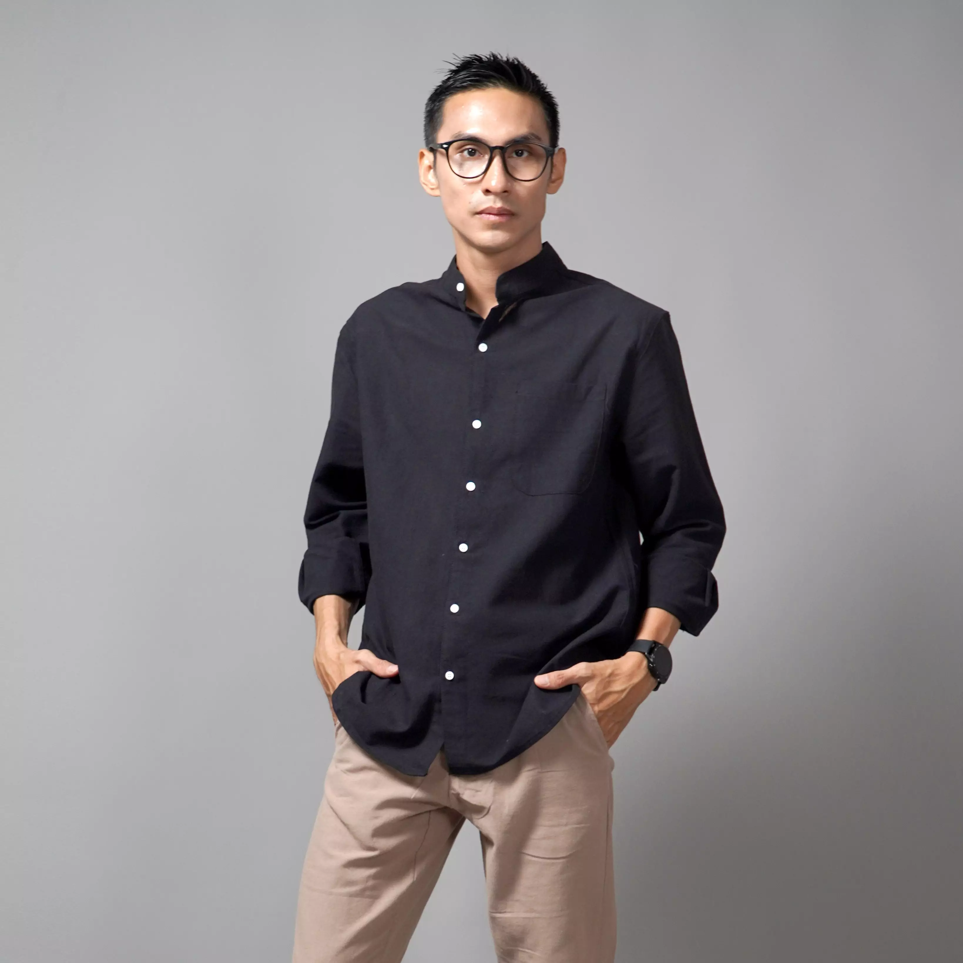 ASHRAF Kemeja Pria Casual Linen Baju Koko Kemeja Lengan Panjang - Hitam