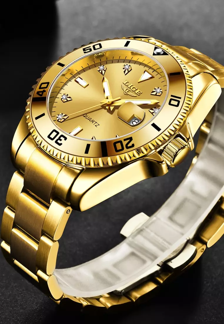 Unisex Classic Diver's IP Gold Stainless Steel Quartz Watch, IP Gold Stainless Steel Bracelet