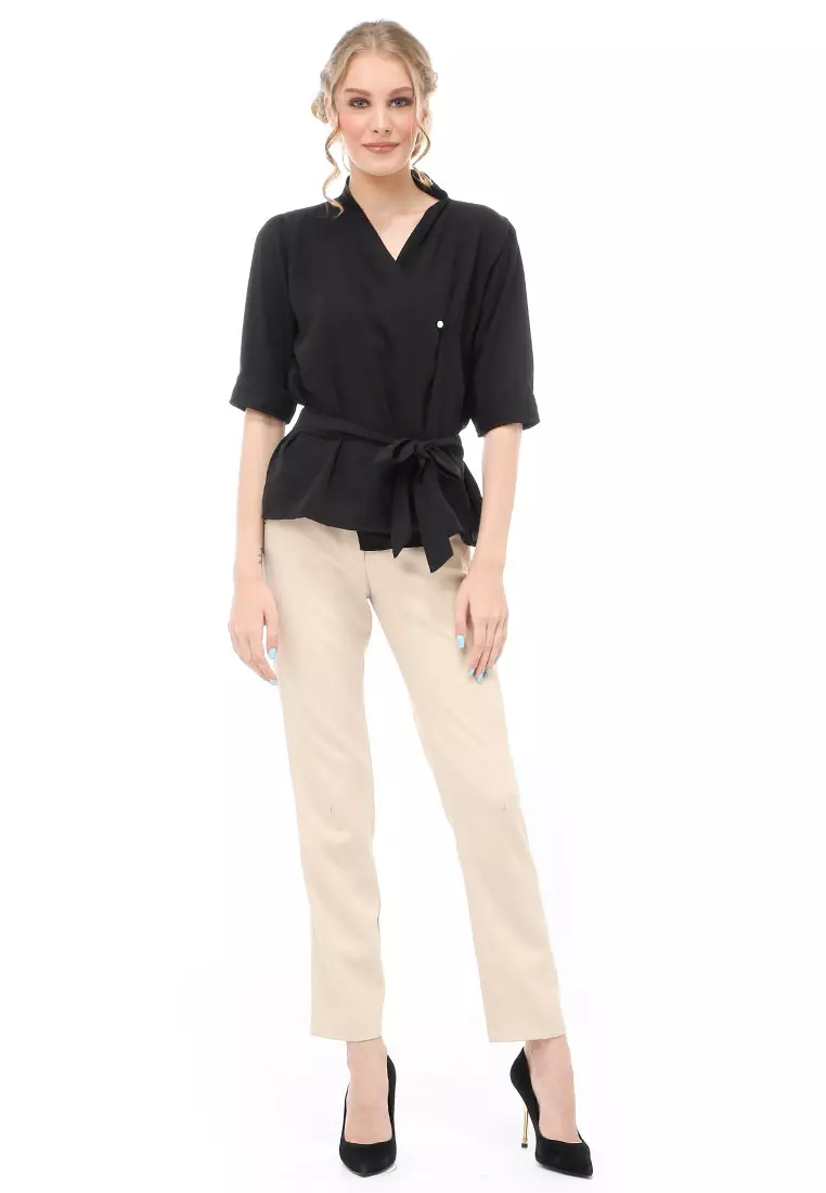 Cheva Blouse Atasan Wanita Kasual Model Tali Ikat Pinggang Material Wolfis ORIGINAL - Black