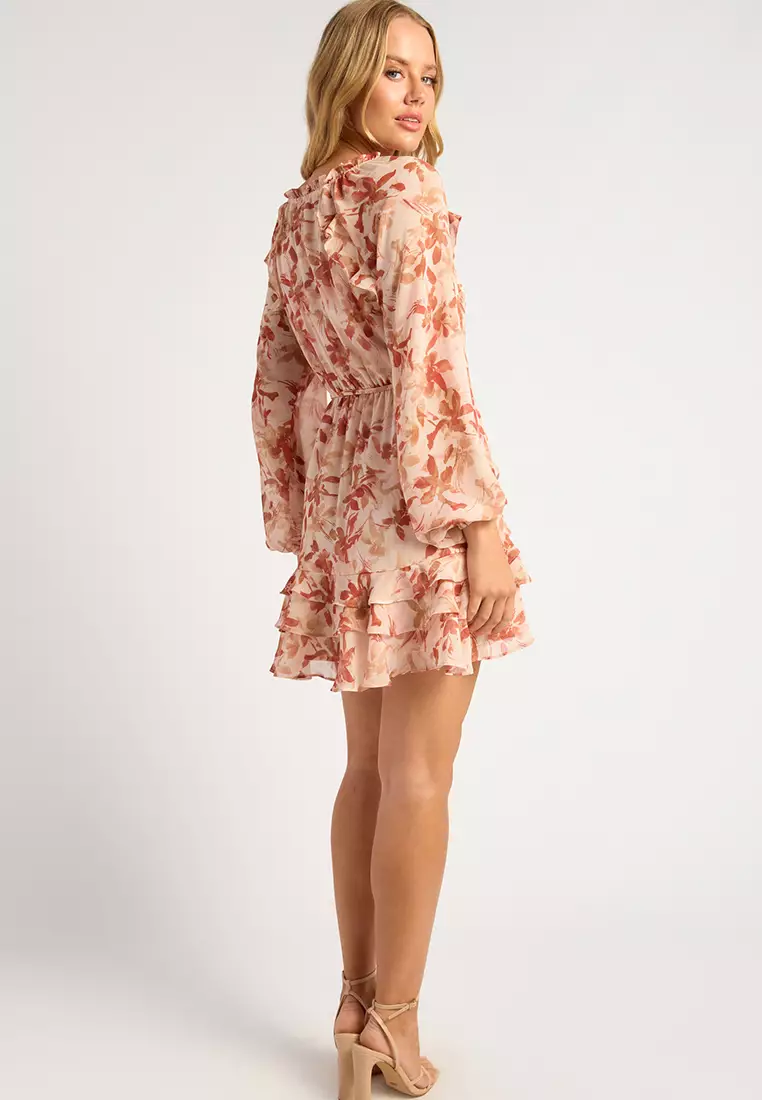 印花荷葉雪紡連身裙