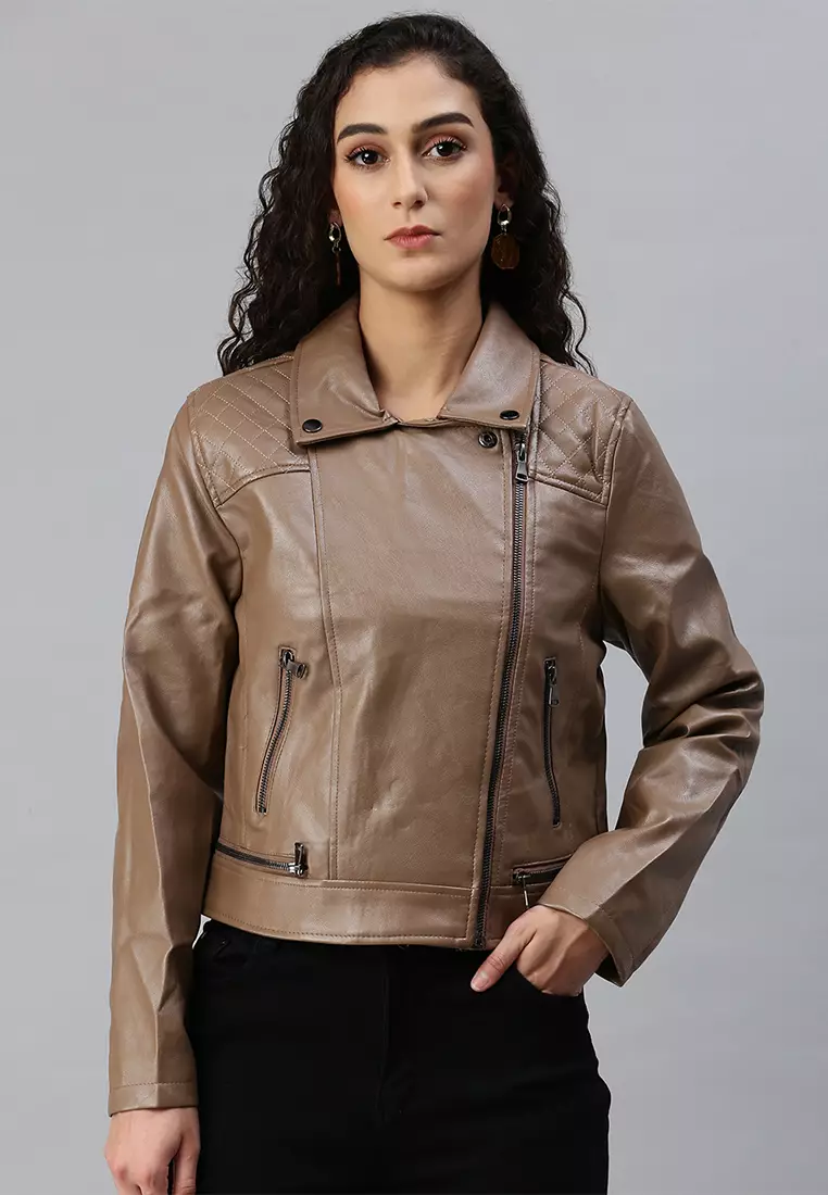 Coffee shop faux leather jacket top