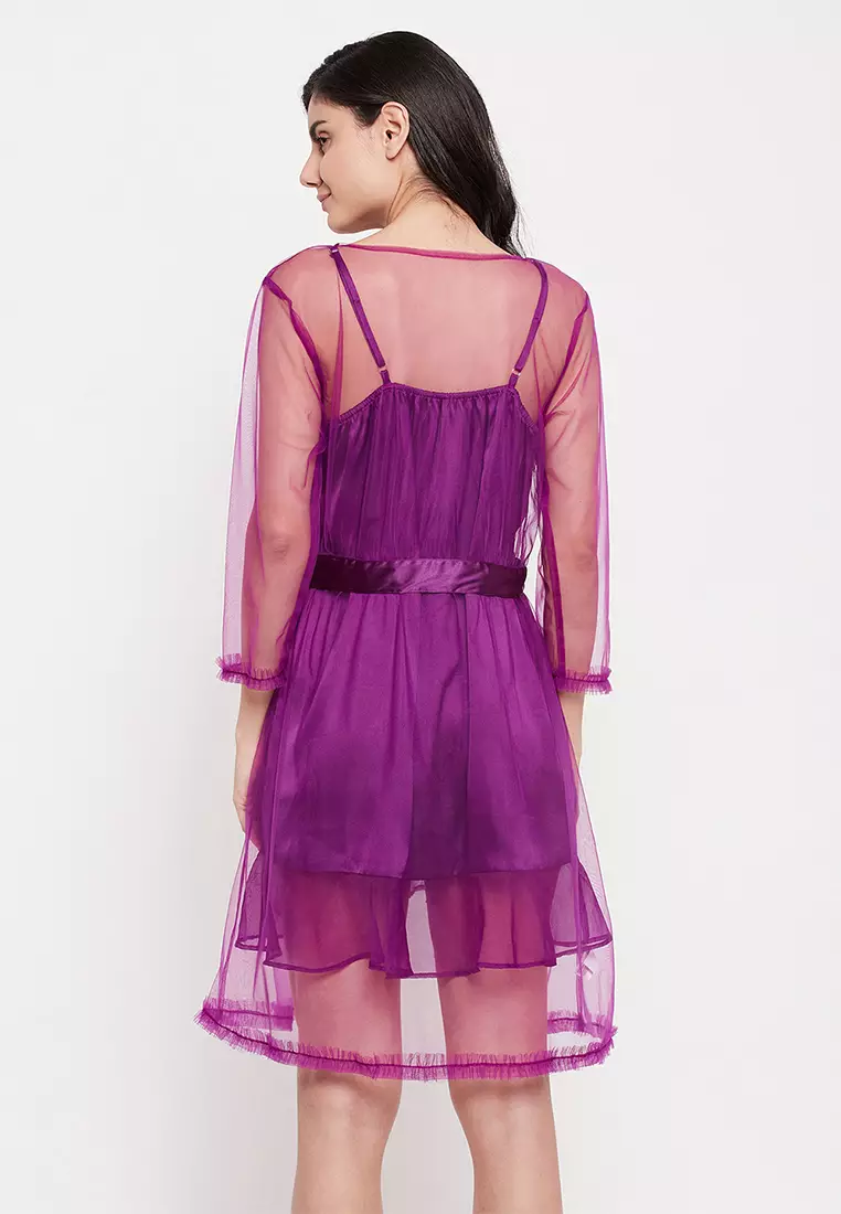Clovia Chic Basic Short Night Dress & Robe Set in Purple - Satin