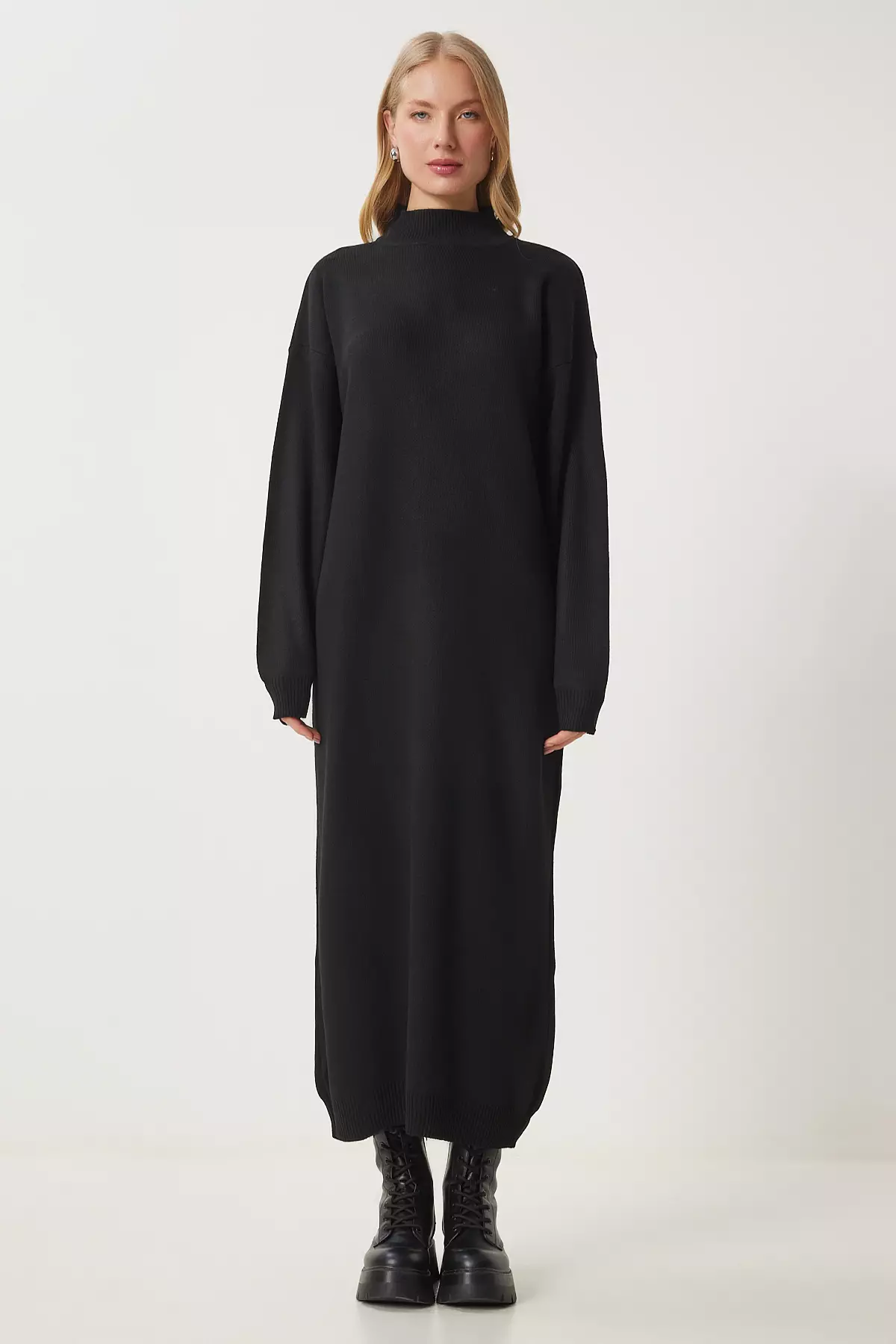 Women'S Black Turtleneck Long Knitwear Dress Dd01344
