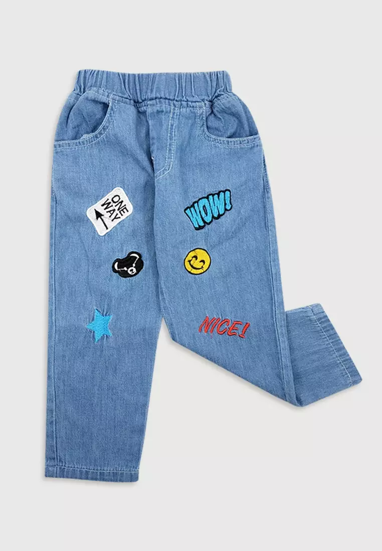 Wakakids Celana Jeans Panjang Bayi Anak Laki Laki dan Perempuan Unisex Patches Wow 025 Vench