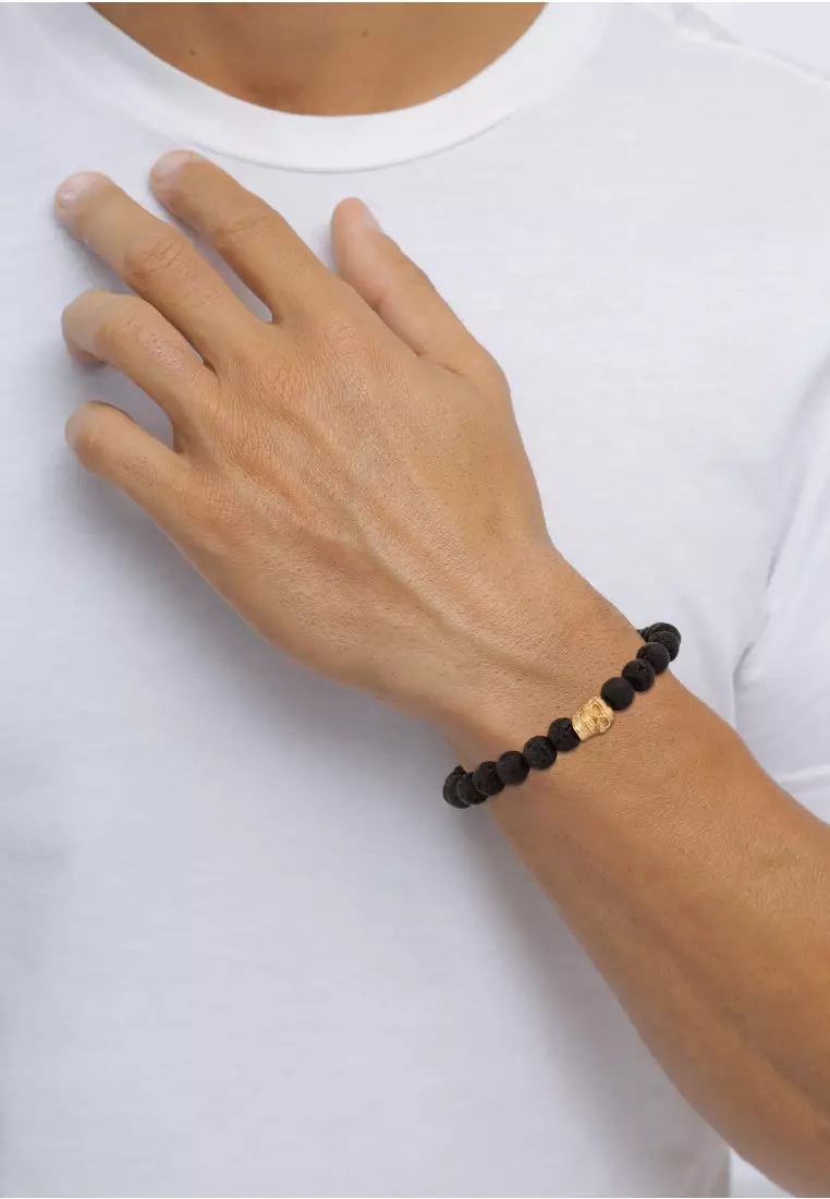 EXCLUSIVE Gelang Perhiasan Perak 925 Pria Skull Cool with Lava Beads Gold Plated
