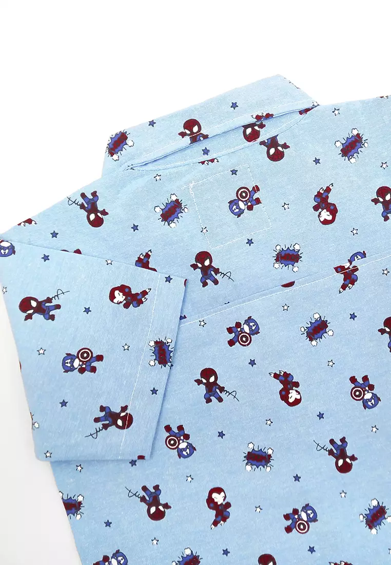 Kemeja Anak Laki Laki Lengan Pendek Katun Motif Superhero Collar Shirt 4438 Vensk Biru