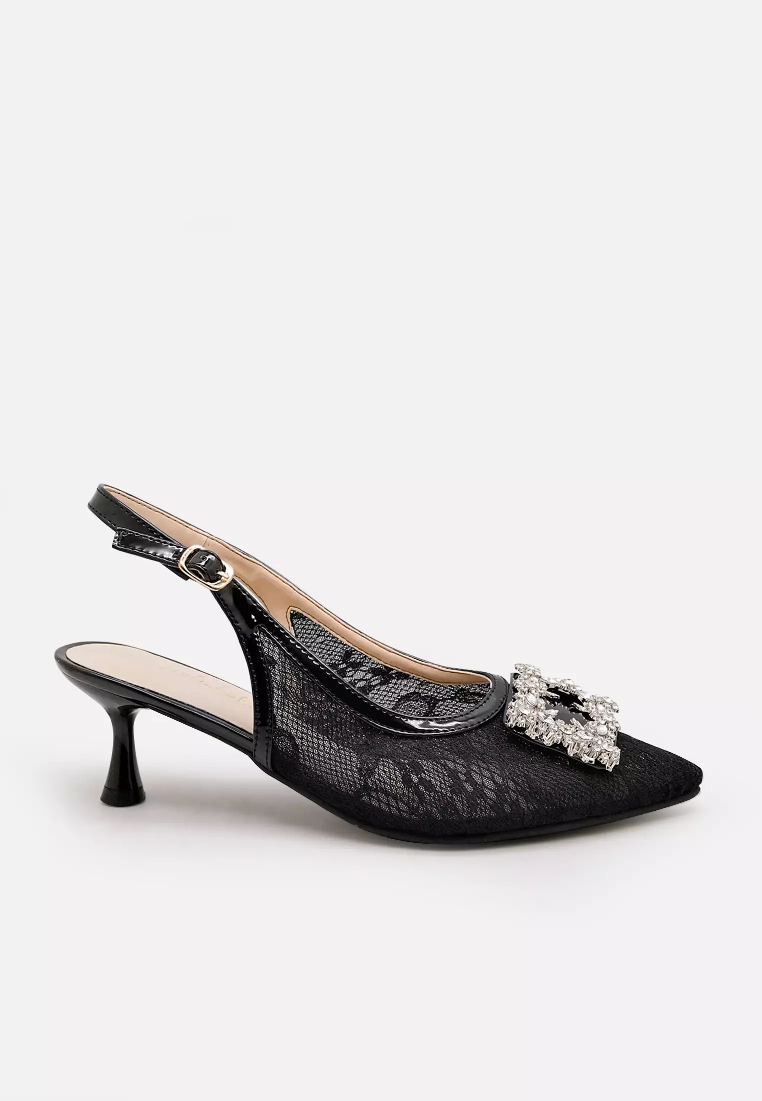 Prudence Pointed Toe Slingback Stiletto Sandal Lace Heels Wanita