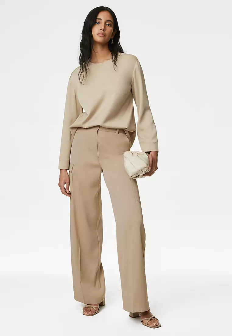 Satin Cargo Wide Leg Trousers