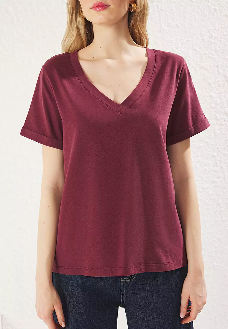 Claret Red V Neck Short Sleeve Regular/Basic Knitted T-Shirt