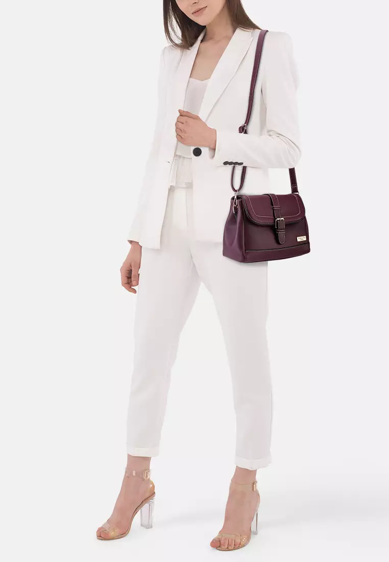 Faux Leather Sling Bag With Flap Over Closure