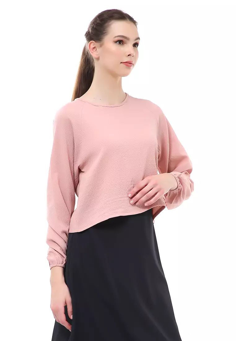 Albertine Blouse Atasan Wanita Lengan Panjang Desain Balon Material Crinkle ORIGINAL - Pink