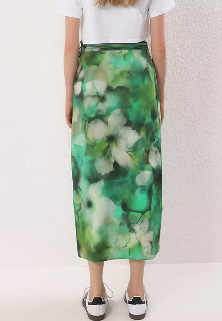 Green Batik Patterned Side Tie Slit Double Breasted Viscose Skirt Twoss25Et00176