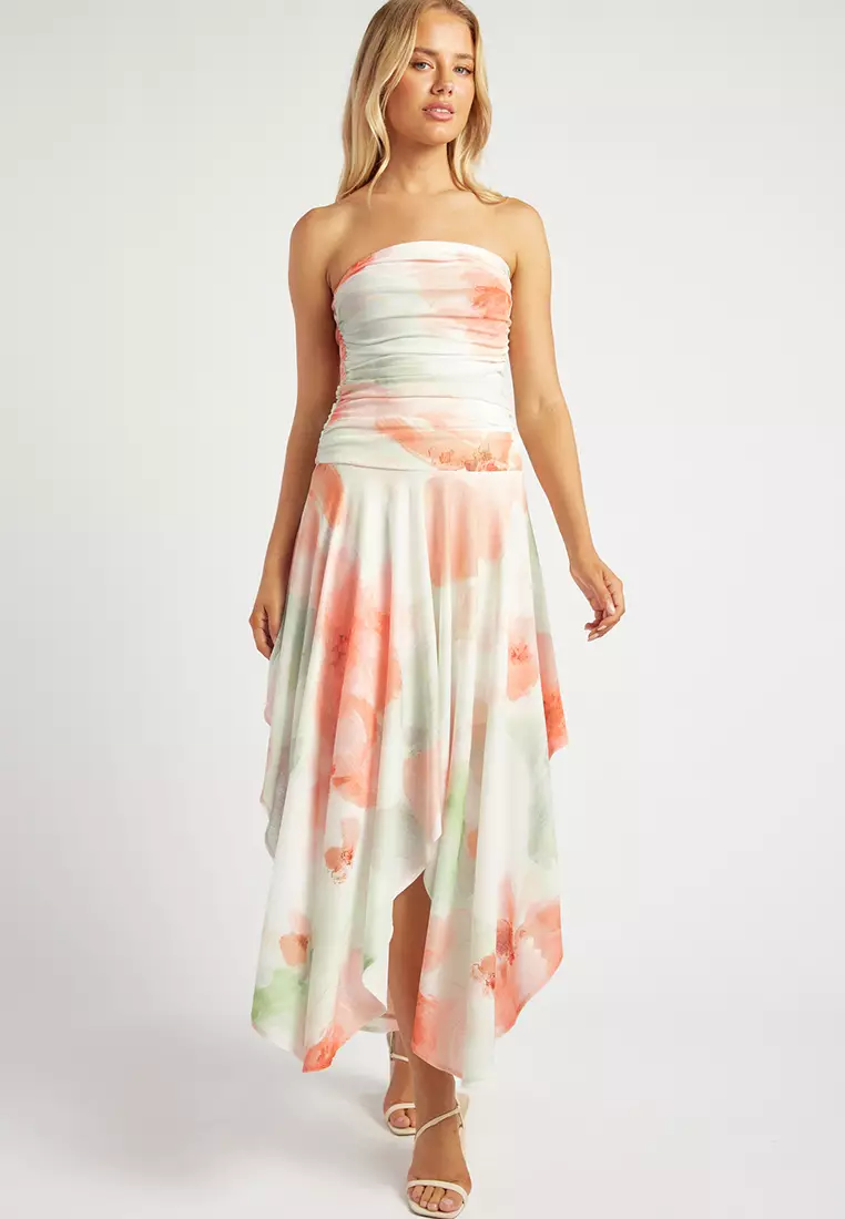 Ruched Bodice Handkerchief Hem Dress