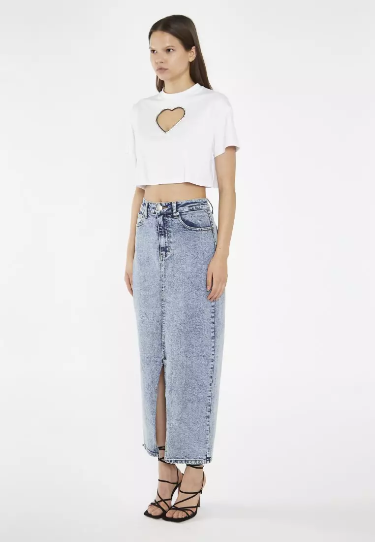 Blue Acid Wash Center Split Denim Midi Skirt