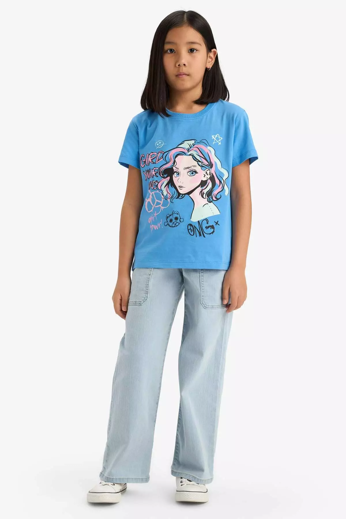 Girl's Crew Neck Anime Printed Short Sleeve T-Shirt E0350A825Sm