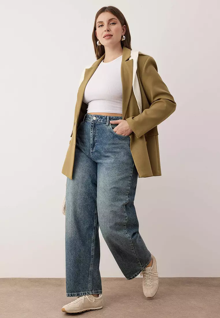 Blue High Waist Barrel Baggy 100% Cotton Non-Stretch Plus Size Jeans Tbbaw26Cj00043