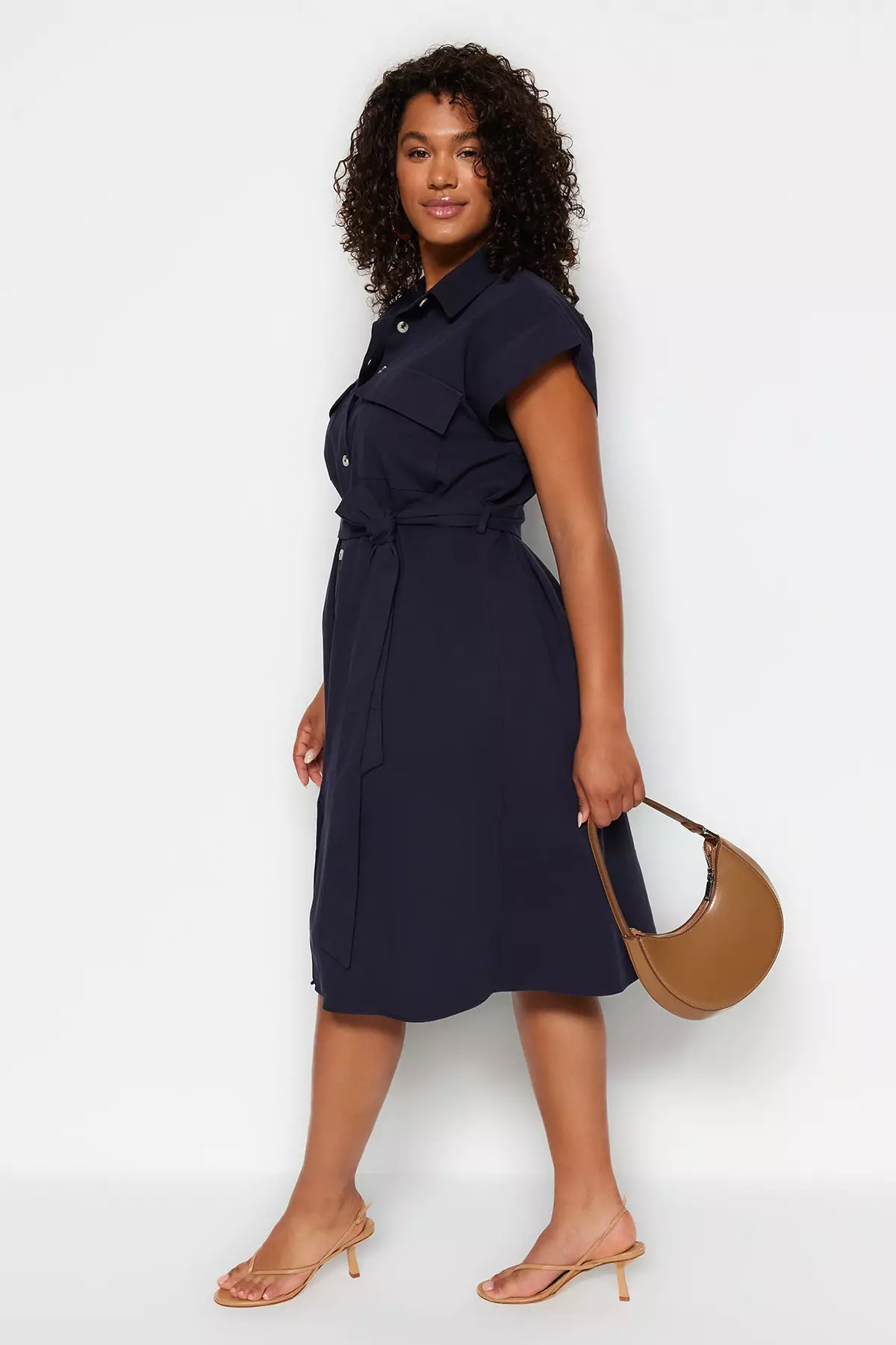 Buy Trendyol Plus Size Navy Blue Belted Woven Shirt Dress 2024 Online ...