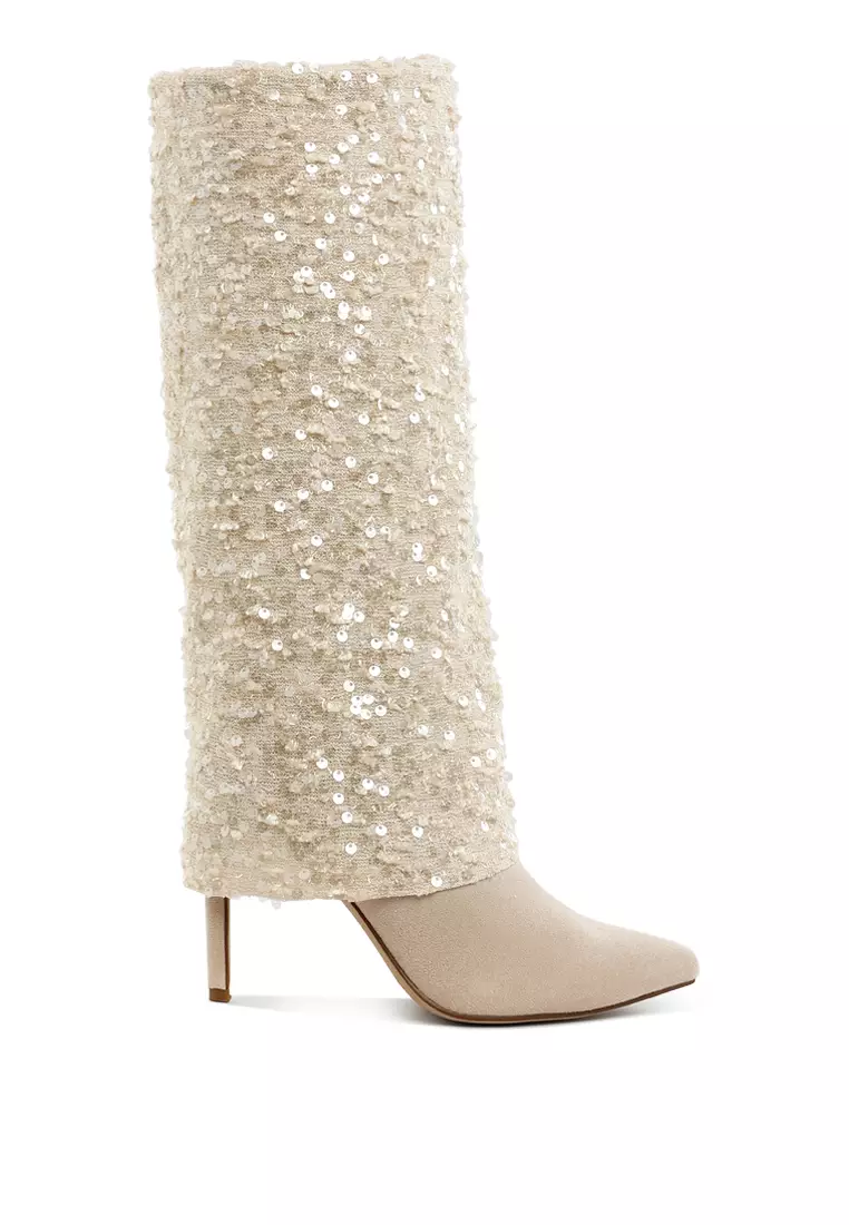 Discount on London Rag  shoes - SKU: Sequinned Fold-Over Calf Boots in Beige