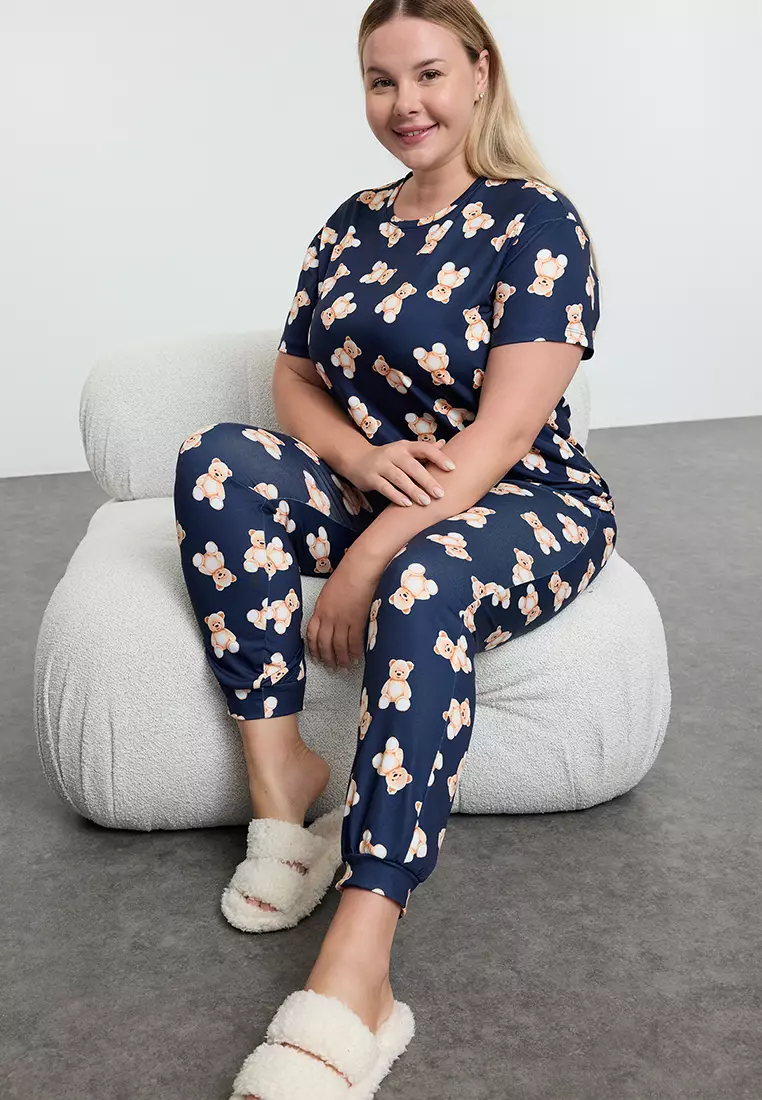 Plus Size Teddy Bear Printed Pyjama Set