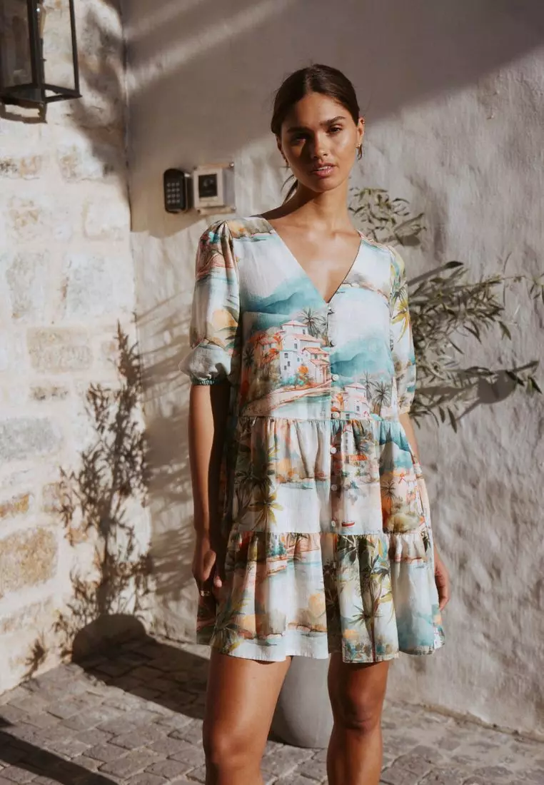 Short Sleeve Button Through Tiered Mini Dress with Linen